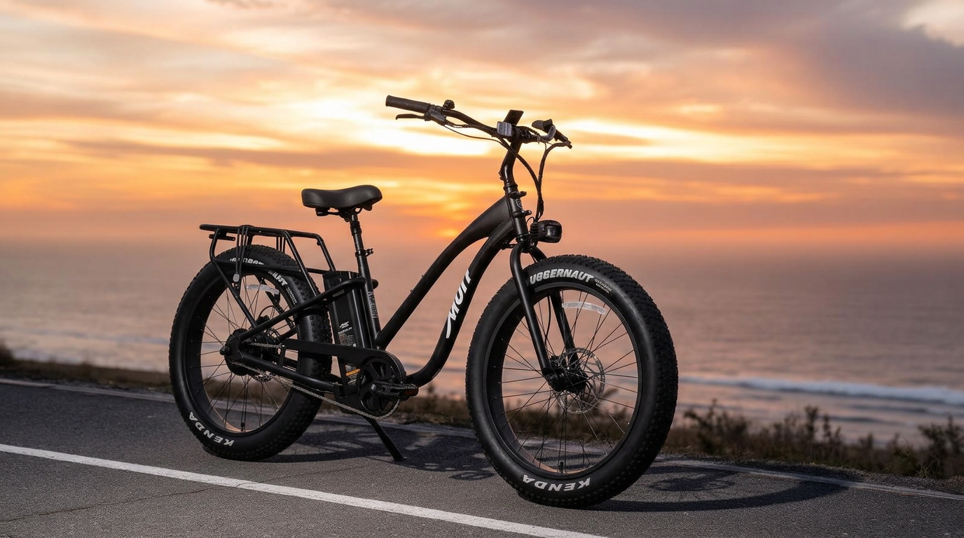 Murf Alpha ST performance fat tire step-through electric bike on a coastal highway at sunset