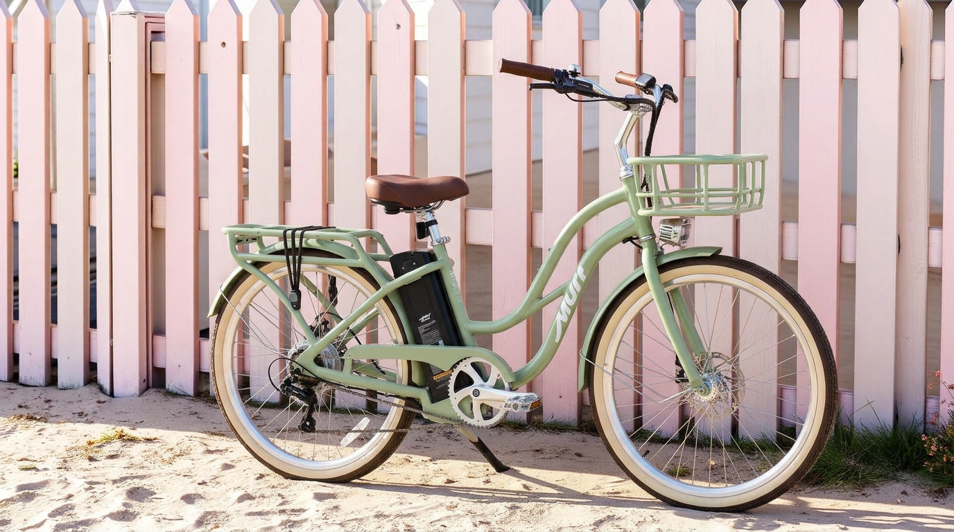 Murf Gigi classic step-through beach cruiser e-bike with front basket against a pastel cottage fence