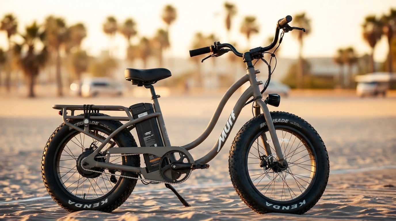 Murf electric beach cruiser bike with fat tires on a sunlit boardwalk lined with palm trees