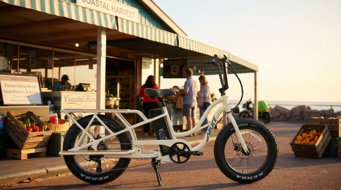 Murf Higgs Cargo electric cargo bike with extended rear rack parked outside a coastal farmers market