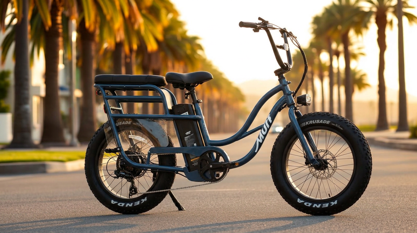 Murf Higgs Plus passenger-capable fat tire electric cruiser on a palm-lined coastal street