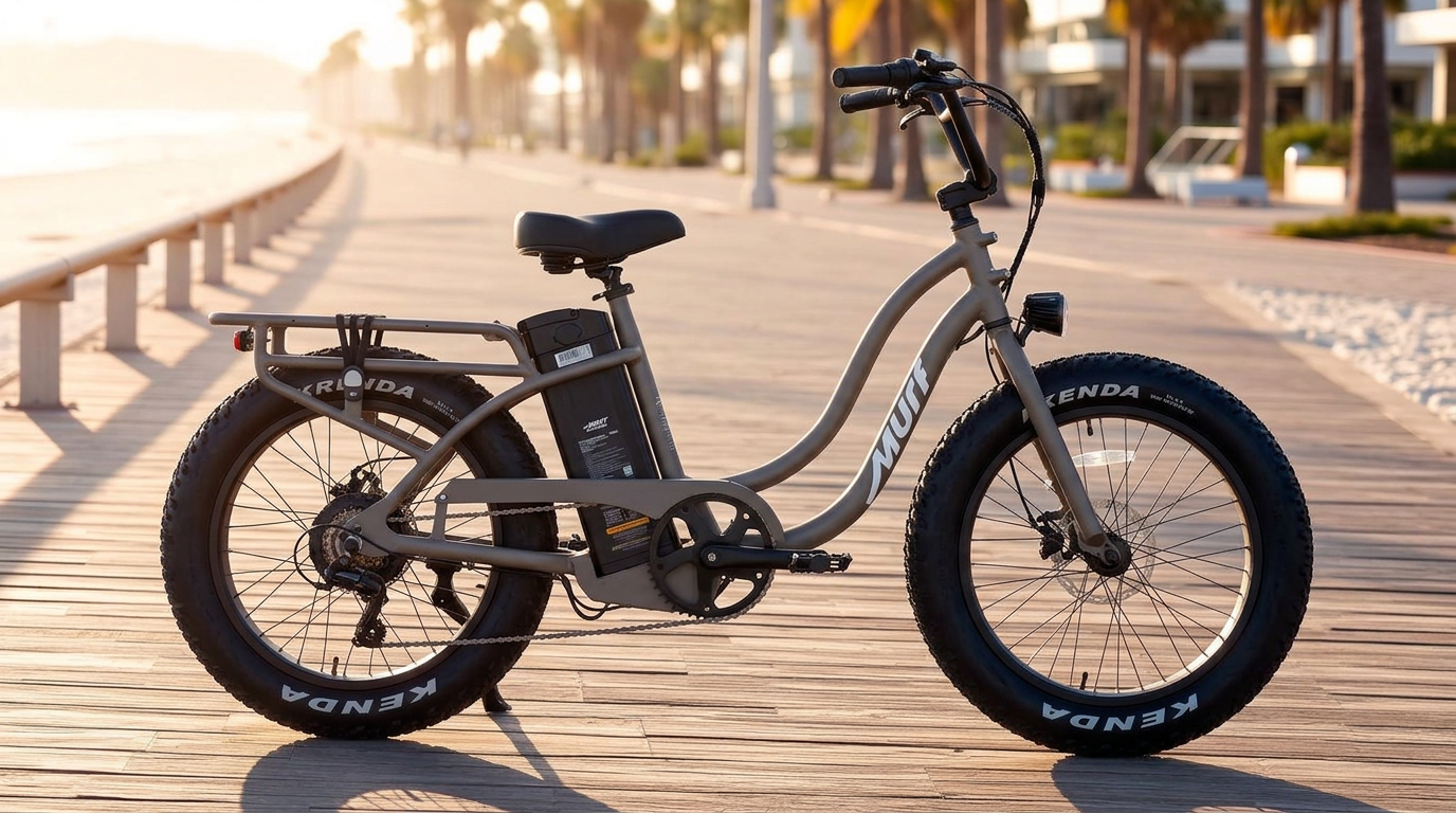Murf Higgs ST compact step-through fat tire electric cruiser on a sunlit beach boardwalk